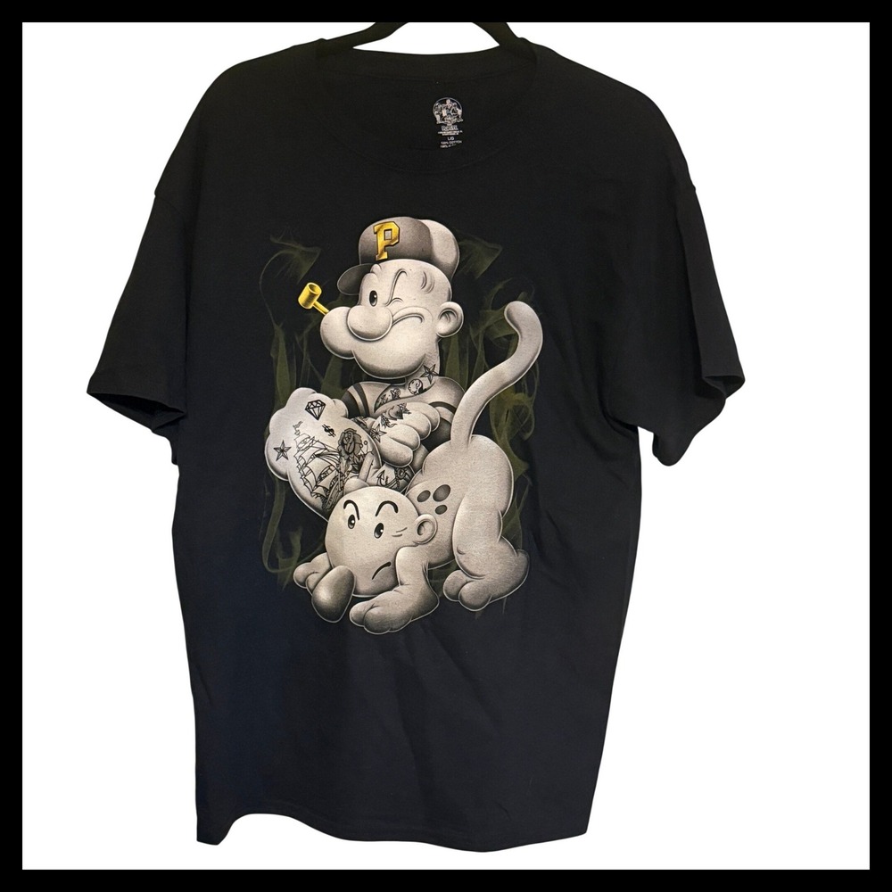 NWOT Popeye Graphic T Shirt Mens Large Black Cotton Cartoon Character Print
